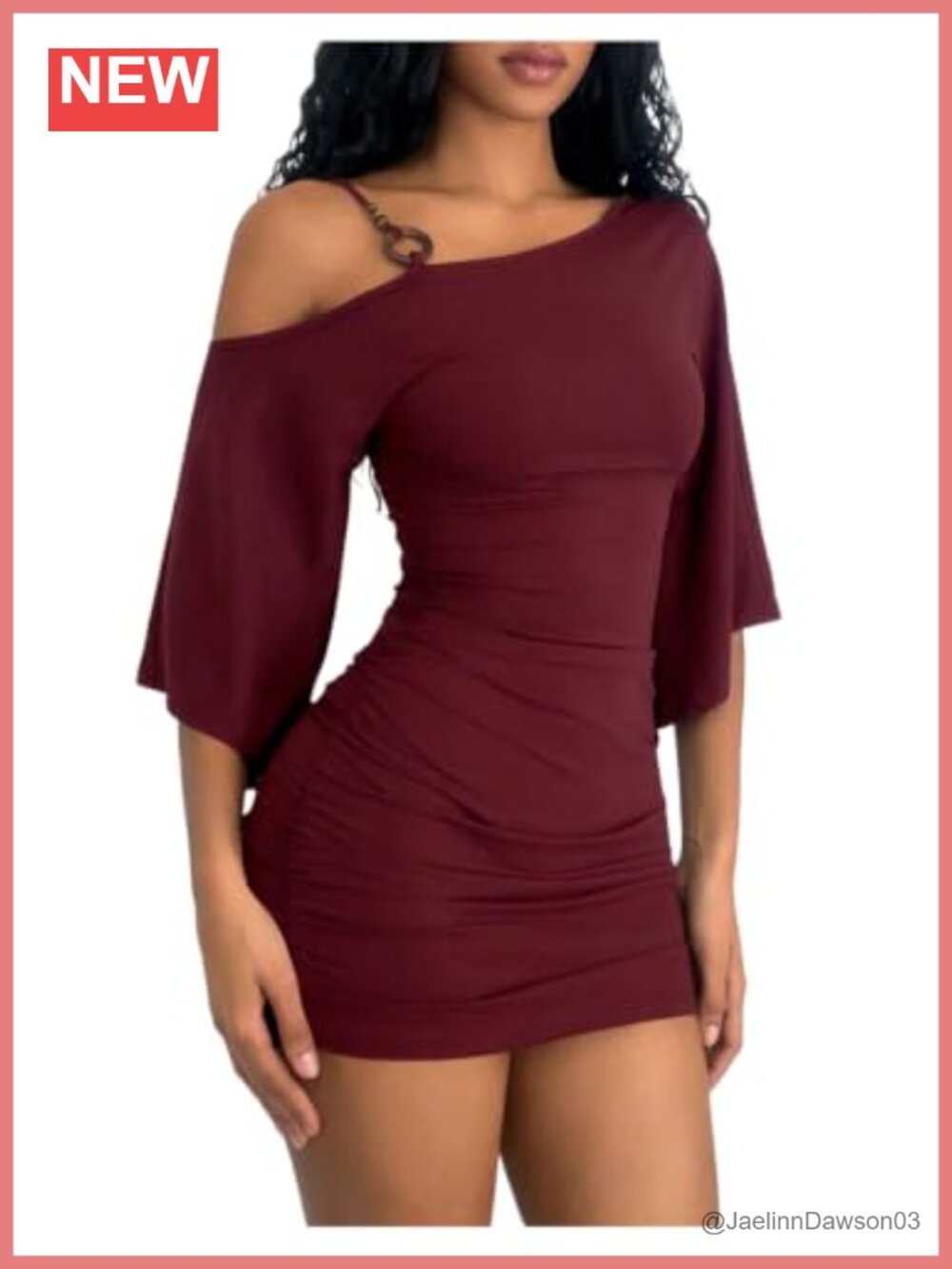 Off Shoulder Bodycon Mini Dress Ruched Asymmetrical 3/4 Sleeve Slim Fit
